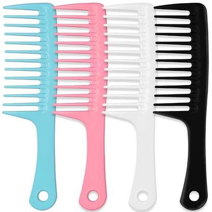 Peine de dientes anchos de 4 piezas, peine grande para desenredar el cabello, peine para peinar, peine profesional para el cuidado del cabello de las mujeres para cabello rizado, mojado y largo (azul, rosa, blanco, negro)