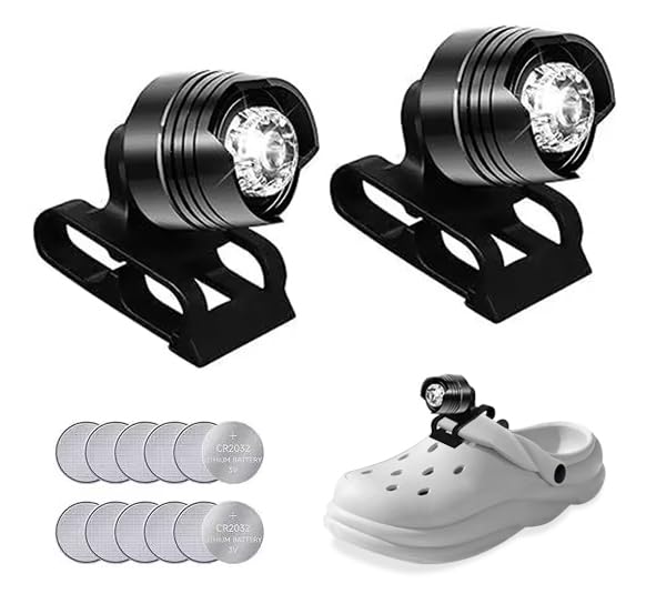 PRODUCTO 288 EQUEEN Faros delanteros para Crocs, 2 luces para Crocs con 3 modos de luz, luces impermeables IP65 para accesorios de zapatos Crocs, luces para zapatos para acampar, 12 pilas de botón incluidas, color negro