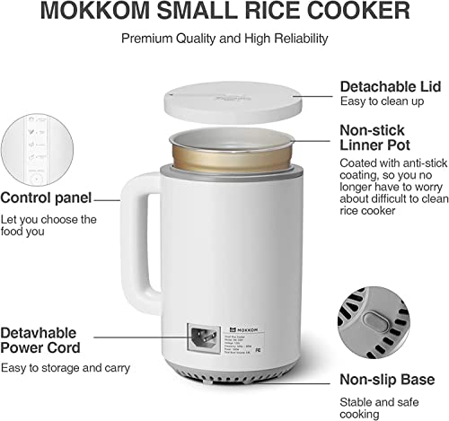 MOKKOM Mini Olla Arrocera 2 Tazas Sin Cocer, Olla Arrocera Pequeña Extraíble, Olla Arrocera Multifunción De Un Toque De 0,8 L para 1-2 Personas, Función Mantener Caliente, Olla Arrocera De Viaje Portátil para Arroz Blanco,Avena, Quinua, Sopa