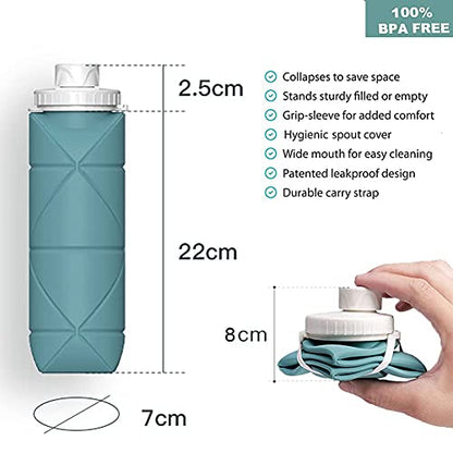 Botellas de agua plegables hechas especialmente con válvula a prueba de fugas, reutilizables, sin BPA, de silicona, plegable, botella de agua de viaje para gimnasio, camping, senderismo, viajes, deportes, ligera, duradera, 20 oz, color verde oscuro