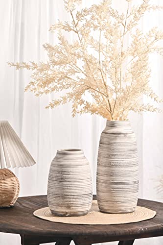 TERESA'S COLLECTIONS Rustic Ceramic Flower Vase for Home Decor, Tall Grey Decorative Vase for Pampas Grass, Set of 2 Boho Flower Vases for Table, Mantel, Fireplace, Shelf, Living Room, 6.3/9.1inch