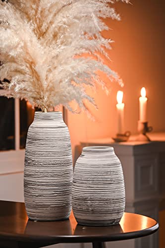 TERESA'S COLLECTIONS Rustic Ceramic Flower Vase for Home Decor, Tall Grey Decorative Vase for Pampas Grass, Set of 2 Boho Flower Vases for Table, Mantel, Fireplace, Shelf, Living Room, 6.3/9.1inch