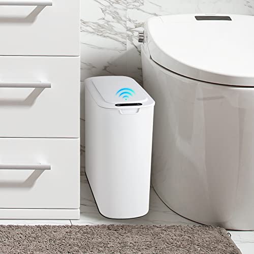 Cesun Papelera automática con sensor de movimiento para baño con tapa, cubo de basura sin contacto de 2,6 galones, cubo de basura delgado de plástico inteligente, pequeño cesto de basura blanco para inodoro, oficina, RV, dormitorio, sala de estar