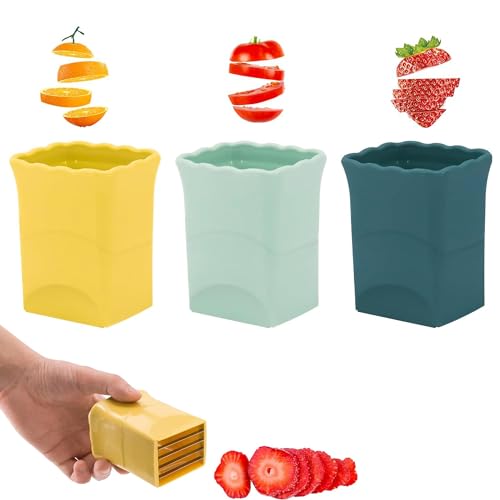 PRODUCTO 147 Cortador de fresas para rebanar tazas de 3 piezas: cortador de tazas de frutas, picador de tazas para fresas, rebanador de huevos y plátanos para hacer rápidamente ensalada de frutas y verduras, cortador de fresas, mini rebanador