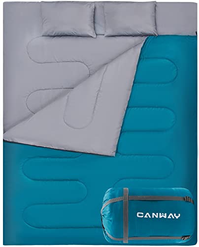 CANWAY Saco de dormir doble con 2 almohadas, impermeable, ligero, para 2 personas, para camping, mochilero, senderismo, exterior, interior, para adultos o adolescentes, tamaño Queen XL (azul lago-poliéster)