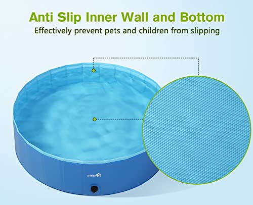 Pecute Piscina para perros plegable de 63 x 12 pulgadas, piscina portátil para niños de PVC duro, piscina multifuncional para piscina de perros, bañera antideslizante para mascotas con cepillo de baño adicional, ideal para viajes