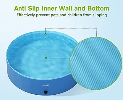 Pecute Piscina para perros plegable de 63 x 12 pulgadas, piscina portátil para niños de PVC duro, piscina multifuncional para piscina de perros, bañera antideslizante para mascotas con cepillo de baño adicional, ideal para viajes