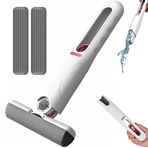 Trapeador corto portátil autoexprimible, mini trapeador absorbente fuerte sin lavado a mano, uso húmedo y seco, sistema de limpieza de pisos para baños, cocinas, vajilla, vidrio de escritorio (2 cabezales de algodón + 1 mango exprimible)