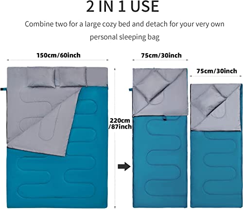 CANWAY Saco de dormir doble con 2 almohadas, impermeable, ligero, para 2 personas, para camping, mochilero, senderismo, exterior, interior, para adultos o adolescentes, tamaño Queen XL (azul lago-poliéster)