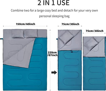 CANWAY Saco de dormir doble con 2 almohadas, impermeable, ligero, para 2 personas, para camping, mochilero, senderismo, exterior, interior, para adultos o adolescentes, tamaño Queen XL (azul lago-poliéster)