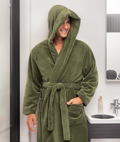 Alexander Del Rossa Albornoz para Hombre, Albornoz de Felpa Polar con Capucha, Dos Grandes Bolsillos Delanteros y Cierre de Corbata, Verde Cebolleta, XL