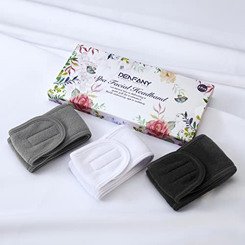 Denfany Spa Diadema, Paquete de 3, Ultra Suave, Ajustable, Diadema para Lavado de Cara, Tela de Rizo, Envoltura de Maquillaje elástica para Lavado de Cara, Ducha, Mascarilla Facial, Yoga (Negro + Blanco + Gris)