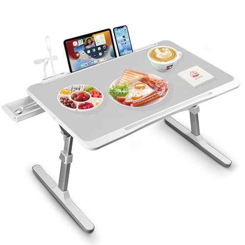 PRODUCTO 269 Mesa con bandeja para cama, soporte ajustable para computadora portátil para cama con USB/luz/ventilador/cajón, mesa de escritorio portátil para cama/sofá/lectura/escritura, bandejas de cama para comer y computadoras portátiles