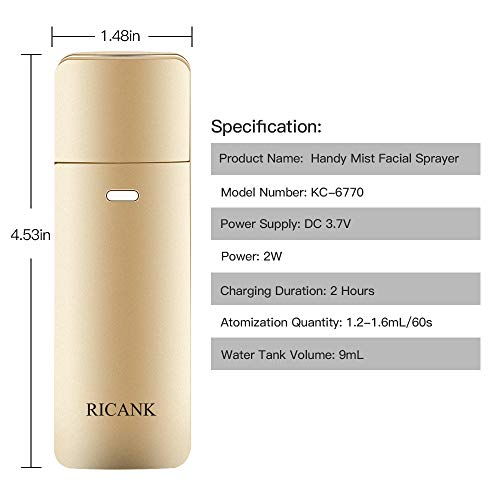 RICANK Nano Mister Handy Nano Cool Mist Spray Facial Mister Sliding Hydrating Facial Mini Nano Steamer Eyelash Extensions Moisturizing Face Mister Sprayer Atomization Skin Care Instrument Rose Gold