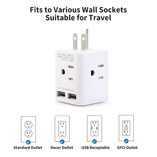 Extensor de enchufe múltiple con 2 USB y 4 tomas de CA, adaptador de enchufe de ángulo recto Wonplug, divisor de 3 clavijas, cargador de pared de cubo espaciado ancho para EE. UU., hogar, oficina, viajes, color blanco