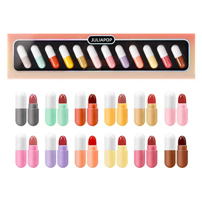 Kusslippe Mini Juego de lápiz labial, 12 cápsulas de colores, lápiz labial mate en forma de píldora, mini cápsulas impermeables de larga duración, juego de lápiz labial de terciopelo para mujeres (12 piezas)