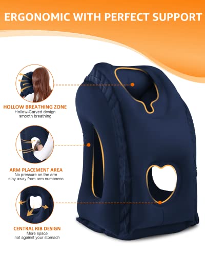 Sunany Almohada inflable para el cuello utilizada para aviones/coches/autobuses/trenes/siestas en la oficina con máscara para los ojos/tapones para los oídos gratis (azul)