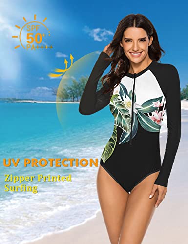 SELINK Women's Long Sleeve Rash Guard UV Protection Zipper Printed Surfing One Piece Swimsuit Bathing Suit Black-3 S