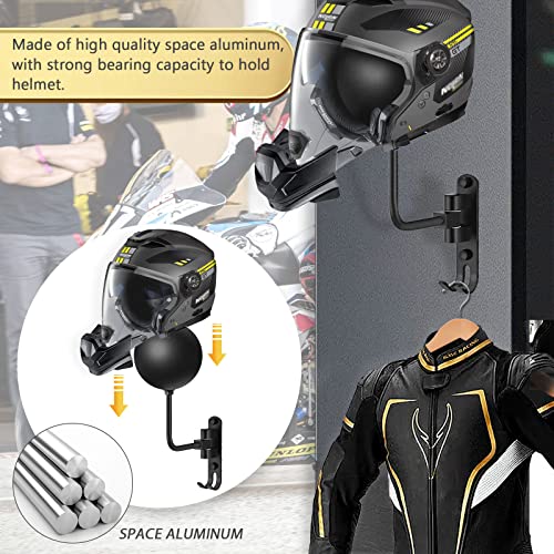 Soporte de pared para casco de motocicleta, rotación de 180 grados, soporte de metal para casco de bicicleta, soporte para exhibición de casco de bicicleta con 2 ganchos, accesorios de motocicleta para casco de béisbol y rugby, negro, 2 piezas