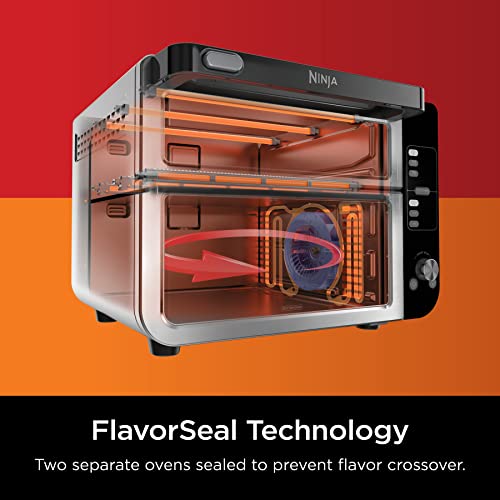 Ninja DCT451 Horno doble inteligente 12 en 1 con puerta flexible, termómetro, FlavorSeal, acabado inteligente, convección superior rápida y parte inferior para freír con aire, acero inoxidable