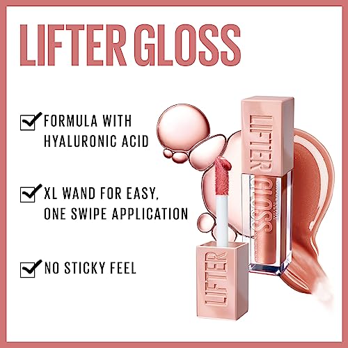 MAYBELLINE New York Lifter Gloss, brillo labial hidratante con ácido hialurónico, alto brillo para labios de aspecto más carnoso, luna, rosa nude, 0.18 onzas