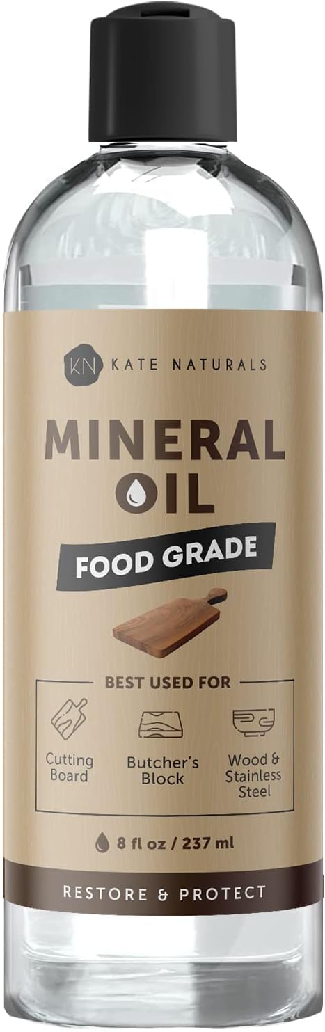 PRODUCTO 482 Aceite mineral Kate Naturals para tabla de cortar 8oz. Aceite mineral apto para uso alimentario y seguro para proteger la madera en tablas de cortar y bloques de carnicero