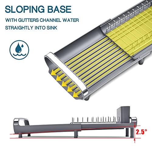 TOOLF Escurreplatos expandible, escurridor de platos compacto, escurridor de platos de acero inoxidable con soporte para cubiertos extraíble, estante para platos antioxidante, escurridor de fregadero pequeño para fregadero o encimera de cocina