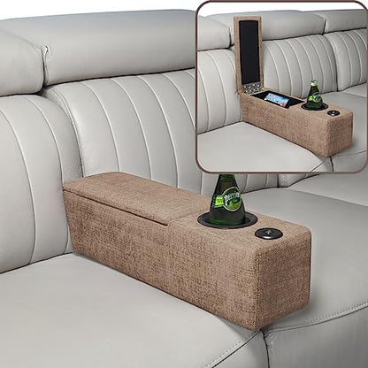 FAGAGA Sofa Armrest with Cup Holder, Removable Couch Arm Cup Holder with Storage, Removable Wireless Charge&LED Light, Light Brown