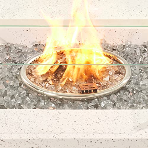 COSIEST Mesa cuadrada de propano para exteriores, base de maceta de piedra sintética blanca terrazo de 35 pulgadas, quemador de acero inoxidable de 50.000 BTU, vidrio de fuego gris transparente y cubierta para lluvia, tapa de metal