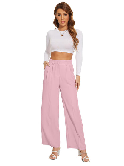 PRODUCTO 569 KICZOY Pantalones anchos de pierna ancha y cintura alta para mujer, pantalones holgados con cintura elástica en la espalda, pantalones delanteros plisados para el trabajo, informales, color rosa