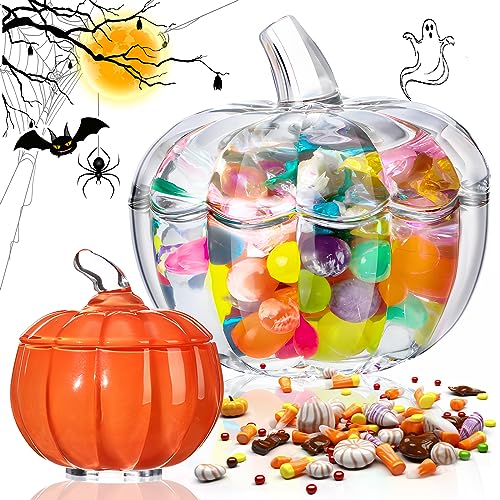 Dandat 2 tarros de calabaza de cristal para Halloween con tapa, 2 tamaños, cuenco para dulces de Halloween, lindo tarro para aperitivos, plato de cristal para decoración del hogar, centros de mesa , transparente y naranja