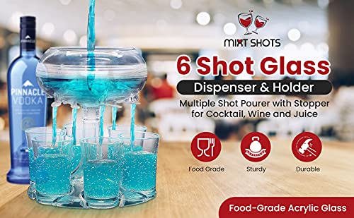 Mixt Shots 6 Shot Glass Dispenser and Holder, Acrylic, Multiple Shot Pourer with Stopper for Cocktail, Wine and Juice, College and Party Beverage Dispenser for Filling Liquids (Transparent)