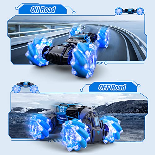 Powerextra LED Gesture Rc Car, 4WD 2.4GHz Control Remoto Coche con Detección de Gestos, Doble Cara Rotación de 360° Transformación Off Road Rc Stunt Car con Luces y Baile para Niños y Niñas de 6 a 12 Años