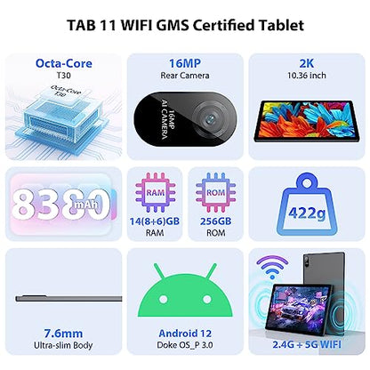 PRODUCTO 362 Blackview Tableta 2K de 10,36 pulgadas, Tableta Android 14GB(8+6 Ampliación) RAM 256GB ROM(TF 1TB), Tableta para Juegos Octa-core de 8380mAh, Cámara de 16MP+16MP Tableta Android 12 para Adultos, 5G WiFi/GPS, Lápiz óptico, Gris