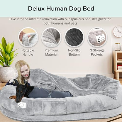 (Gris claro) Cama para perro humano Delux – Cama tipo puf gigante para adultos – Almohada, manta y bolsa de almacenamiento – Lavable a máquina, espuma viscoelástica – Cama de suelo para adultos – Tamaño 72 x 40 x 12 pulgadas