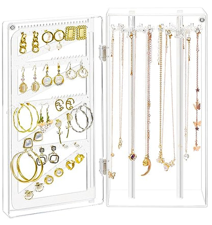 Jenseits Organizador de pendientes de acrílico para collares, caja organizadora giratoria a prueba de polvo, 24 ganchos para collares largos y 108 agujeros para almacenamiento de pendientes, soporte para exhibición, regalo para mujeres y niñas