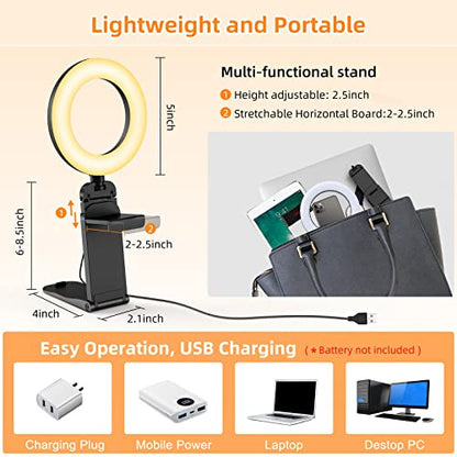 Anillo de luz para computadora portátil, kit de iluminación de videoconferencia para reuniones de zoom, luz LED pequeña para selfies de 5 pulgadas, anillo de luz portátil con soporte, soporte para teléfono celular, anillo de luz de escritorio