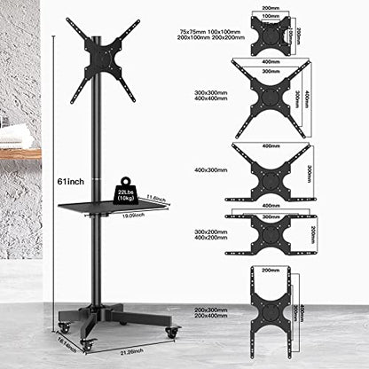 PPQ Carro de TV móvil para televisores de Pantalla Curva de Panel Plano LCD LED de 23 a 55 Pulgadas, Soporte para TV con Estante de Metal Ajustable en Altura, Soporte para TV portátil con Ruedas, Soporta hasta 55 Libras