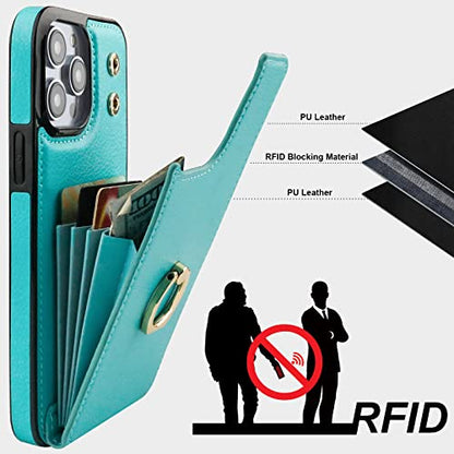 Folosu Compatible con iPhone 14 Pro Max Funda tipo cartera con tarjetero, soporte para anillo de dedo con rotación de 360°, bloqueo RFID, funda protectora de cuero con doble botón a prueba de golpes, 6,7 pulgadas, color verde