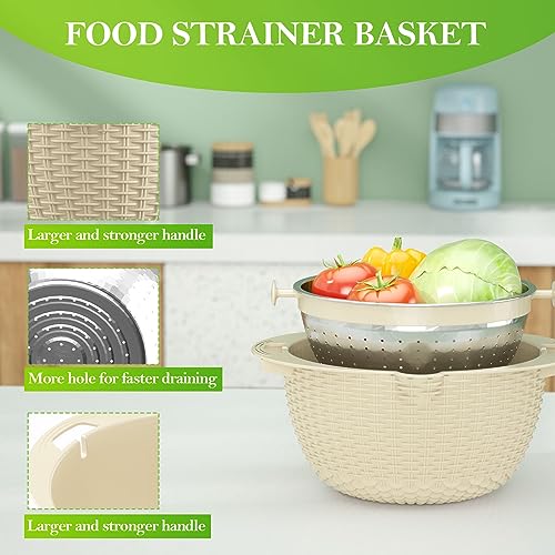 PRODUCTO 237 Colador 4-1 con juego de tazones para mezclar - para cocina, alimentos, colador de pasta y arroz, limpiador de frutas, lavado de verduras, centrifugador de ensaladas, artículos esenciales para el apartamento y el hogar - Beige