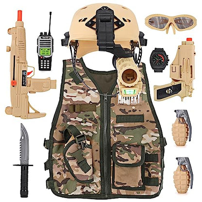 Liberty Imports Disfraz de Halloween para niños, soldado del ejército, combate militar, marines, camuflaje del desierto, juego de rol de lujo con casco, pistolas de juguete, accesorios (11 piezas)