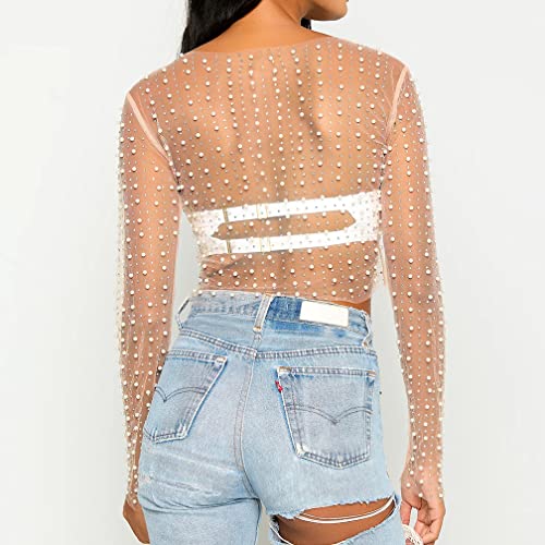 Naileksi, Top corto de malla transparente con diamantes de imitación y perlas para mujer, blusa recortada ajustada de manga larga transparente sexi, camisa para discoteca, color desnudo