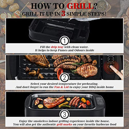 Indoor Grill, Techwood 1500W Smokeless Electric Grill with Non-Stick Grill Plates, Korean Grill with Temperature Control, Tempered Glass Lid