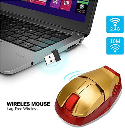 PRODUCTO 199 Ratón inalámbrico Iron Man 2.4G Ratones ópticos inalámbricos de tamaño completo con receptor nano USB, 3 niveles de DPI ajustables, 3 botones para computadora portátil, PC, computadora portátil, computadora, MacBook (dorado)