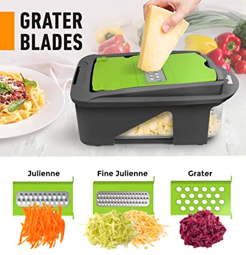 Mueller Pro-Series todo en uno, picador de verduras de 12 hojas, cortador de mandolina para cocina, cortador de verduras y espiralizador, cortador, cortador, picador de alimentos, rallador, juegos de utensilios de cocina con contenedor