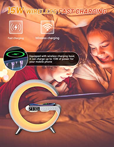 BestYiJo Máquina de sonido Despertador Lámpara de mesa de amanecer para dormitorio Wake Up Moon Luz inteligente con estación de carga inalámbrica Dock para dormir para adolescentes, niños, personas que duermen mucho, 2 colores (blanco)