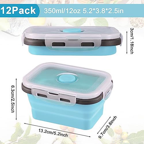 Mifoci Set of 12 Silicone Collapsible Food Storage Containers 12 oz Collapsible Meal Prep Container Square Collapsible Bowl with Clear Lids Vent, Freezer, Microwave and Dishwasher Safe (Gray Blue)