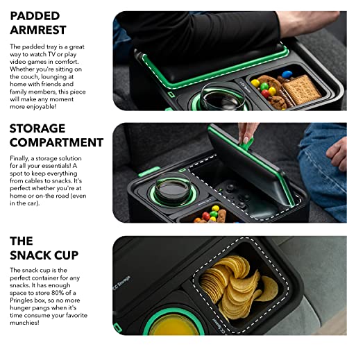 CouchConsole Bandeja original - Sofá Caddy para bebidas y refrigerios con reposabrazos, mesa con soporte para teléfono - Almacenamiento y organizador de control remoto de TV - para salas de estar, vehículos recreativos y automóviles, negro/verde