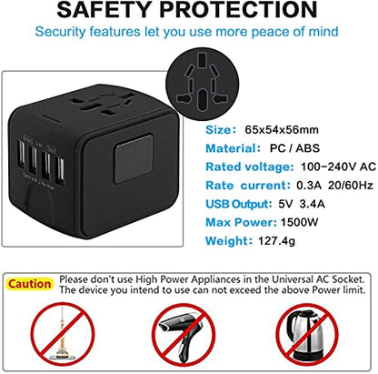 Adaptador de viaje internacional Adaptador de corriente universal en todo el mundo Todo en uno 4 USB con enchufe eléctrico Perfecto para países europeos de EE. UU., UE, Reino Unido y AU 160 (negro)