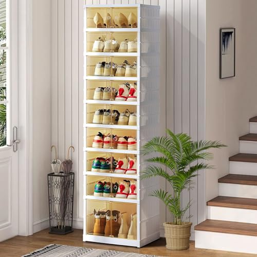 PRODUCTO 442 AOHMPT Caja de zapatos Caja de almacenamiento plegable Gabinete de almacenamiento de zapatos apilable de plástico transparente sin instalación Organizador de zapatos Caja contenedora de zapatos con tapas Zapatero de gran tamaño (9 capas)